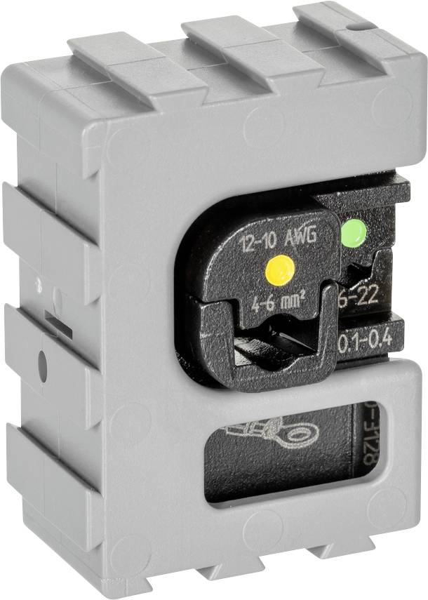 'Blocco morsetti elettrico grigio con etichette per dimensioni cavi da 12-22 AWG e 4-6 mm², indicatori in verde e giallo.'