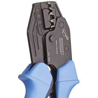 Una pinza crimpatrice in metallo di colore blu con impugnature in plastica, idonea per la lavorazione di terminali per cavi di diverse dimensioni.