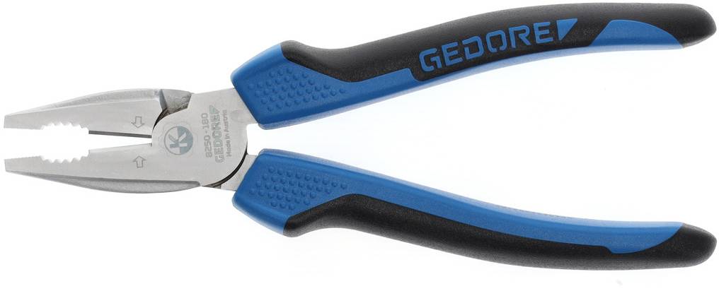 Una pinza con impugnature blu e nere, con la scritta 'GEDORE', utilizzata per afferrare o tagliare fili.
