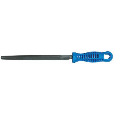 Lima con manico blu ergonomico e lama piatta e larga. Adatta per lavorazioni su legno o metallo.