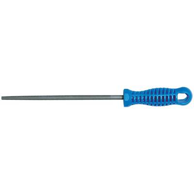 Una lima tonda con impugnatura blu in plastica, adatta per lavori di precisione su superfici di legno o metallo.