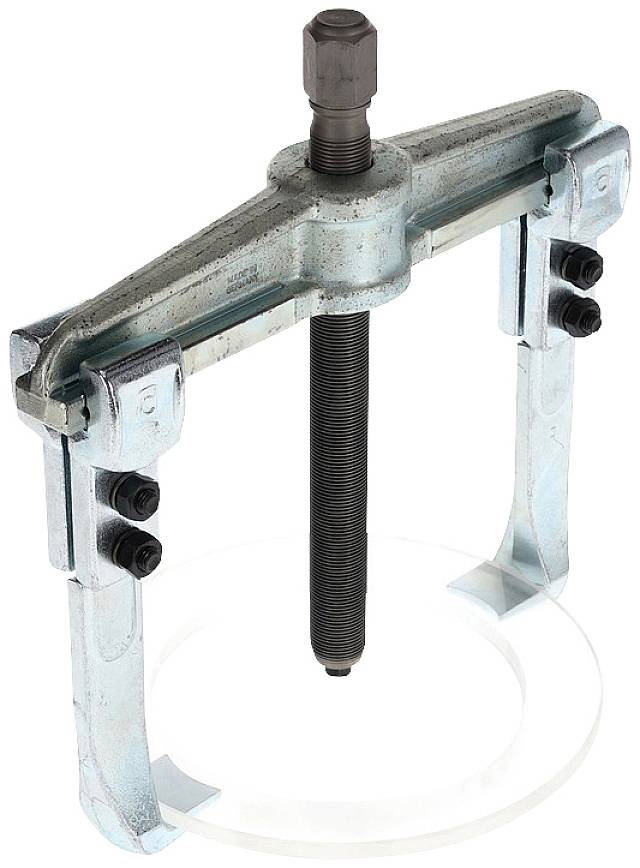 Estrattore a due bracci in metallo, utilizzato per estrarre cuscinetti o ingranaggi in applicazioni meccaniche.