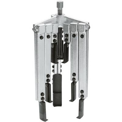 Un estrattore meccanico con tre bracci regolabili per la rimozione di cuscinetti o ingranaggi. Metallo argentato con dettagli neri.