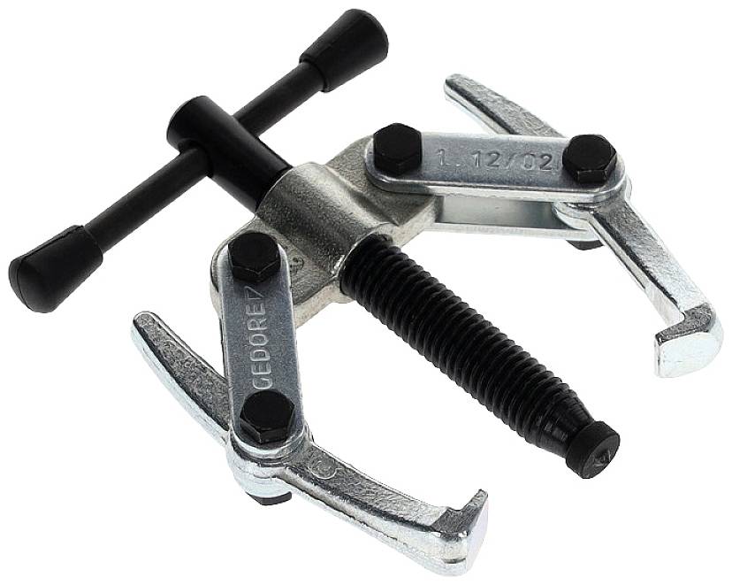 Un estrattore metallico con due uncini e un manico centrale a perno, utilizzato per rimuovere parti bloccate come ingranaggi o cuscinetti.