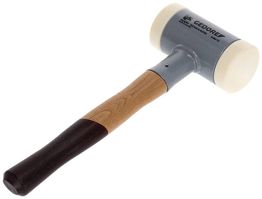 Martello di gomma con manico in legno e testa metallica blu, logo e nome 'GEDORE' sulla testa.
