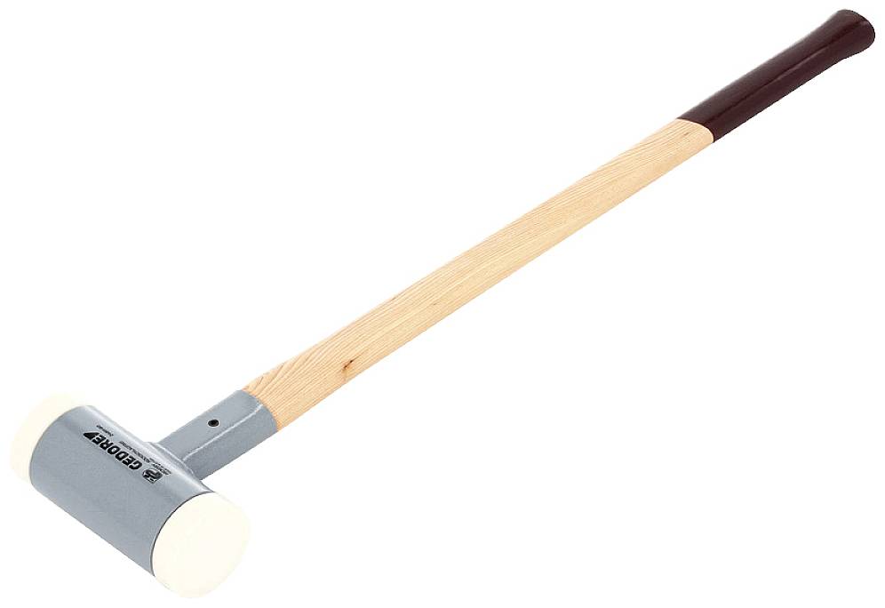 Un martello con manico lungo in legno e testa in gomma bianca, adatto per lavori che non devono causare danni alle superfici.