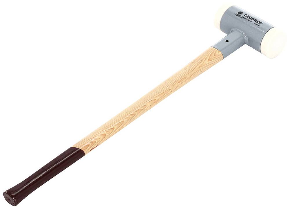 Martello di gomma con manico lungo in legno e testa in gomma bianca, adatto a picchiare delicatamente su superfici sensibili.