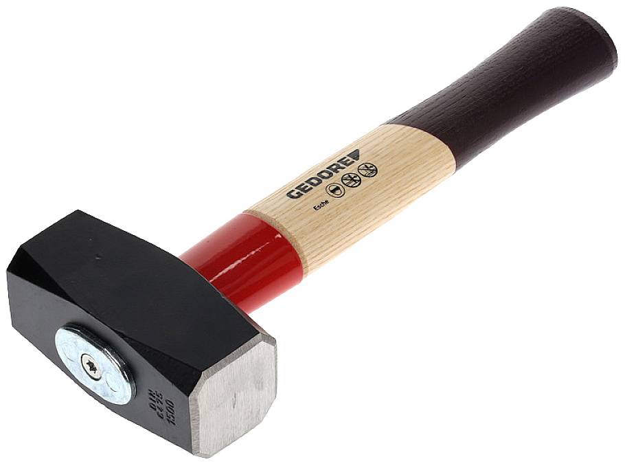 Un martello nero con manico rosso e nucleo in legno. Il marchio 'GEDORE' è stampato sul manico.