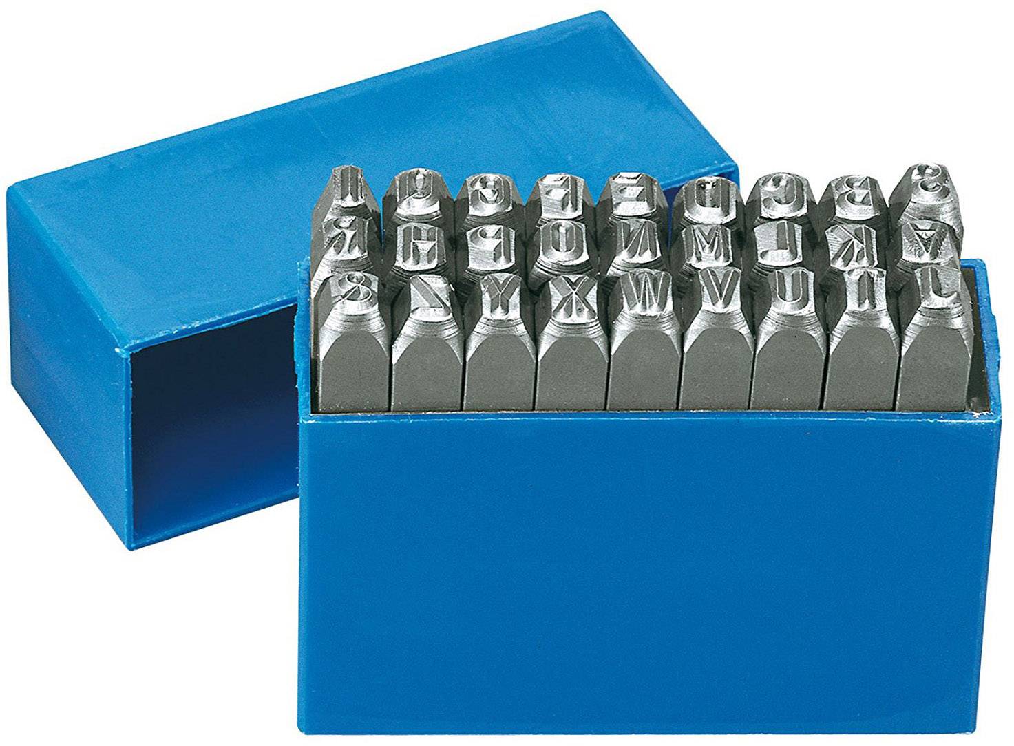 Un set di timbri metallici in una scatola blu, ordinati in ordine alfabetico da A a Z, con il coperchio aperto.