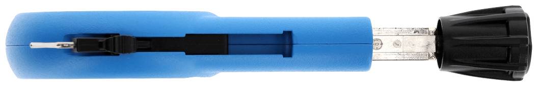 Un cacciavite blu con manico nero e lama metallica estraibile, posizionato orizzontalmente.