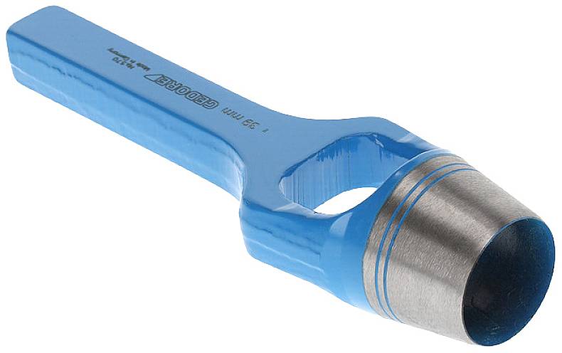 Un punzone blu con striscia di gomma e punta in metallo per ritagliare fori in materiali come cuoio o gomma.
