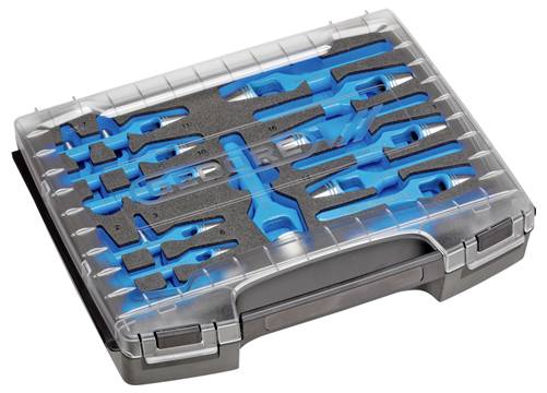 Un set di chiavi inglesi blu in un organizer di schiuma nera all'interno di un contenitore trasparente in plastica, progettato per lo stoccaggio e la protezione degli utensili.