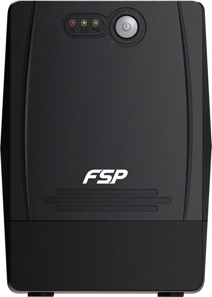 Dispositivo UPS nero con tre spie di controllo in alto. Un grande interruttore di rete sulla destra. Logo 'FSP' al centro.