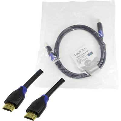 Un cavo HDMI LogiLink da 1 metro di lunghezza, confezionato in plastica e dotato di due connettori HDMI neri con accenti blu.