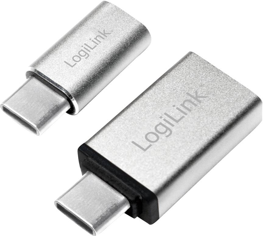 Due adattatori metallici da USB-C a USB-A di LogiLink di dimensioni diverse sono posizionati uno accanto all'altro.