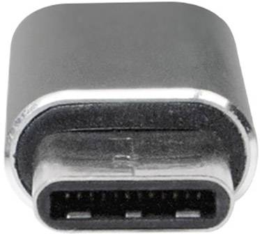 Primo piano di un connettore USB-C, color argento, senza cavo collegato.