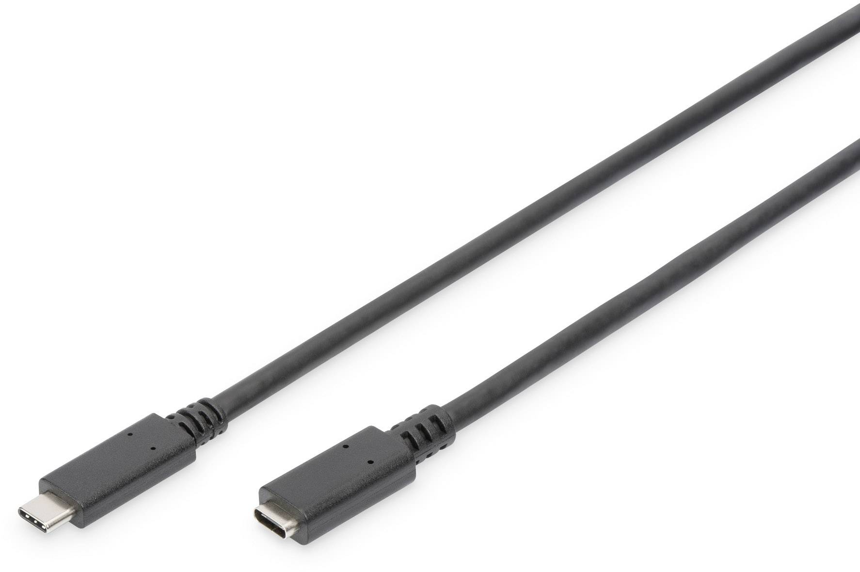 Cavo USB-C nero con due connettori alle estremità, idoneo per il trasferimento dati e la ricarica di dispositivi.