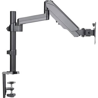 Braccio per monitor nero con morsetto per montaggio su scrivania, regolabile in altezza e profondità, per un adattamento ergonomico degli schermi.