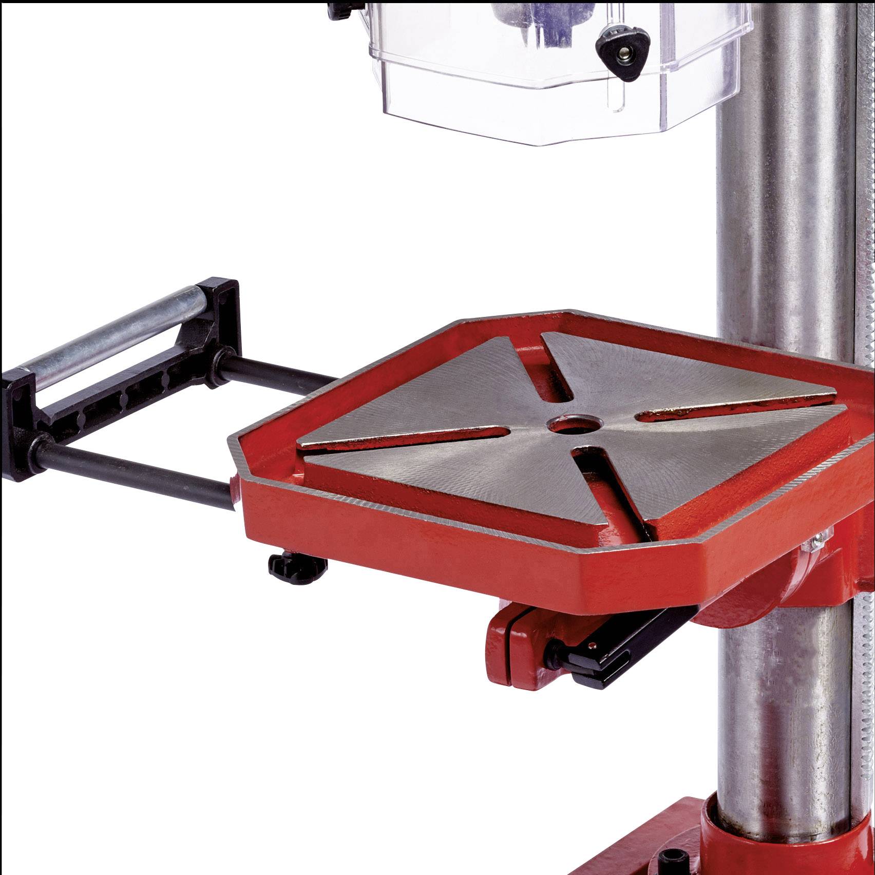 Macchina utensile industriale con tavolo rosso e supporto per fissare i pezzi. Funzione: lavorazione di metallo o legno.