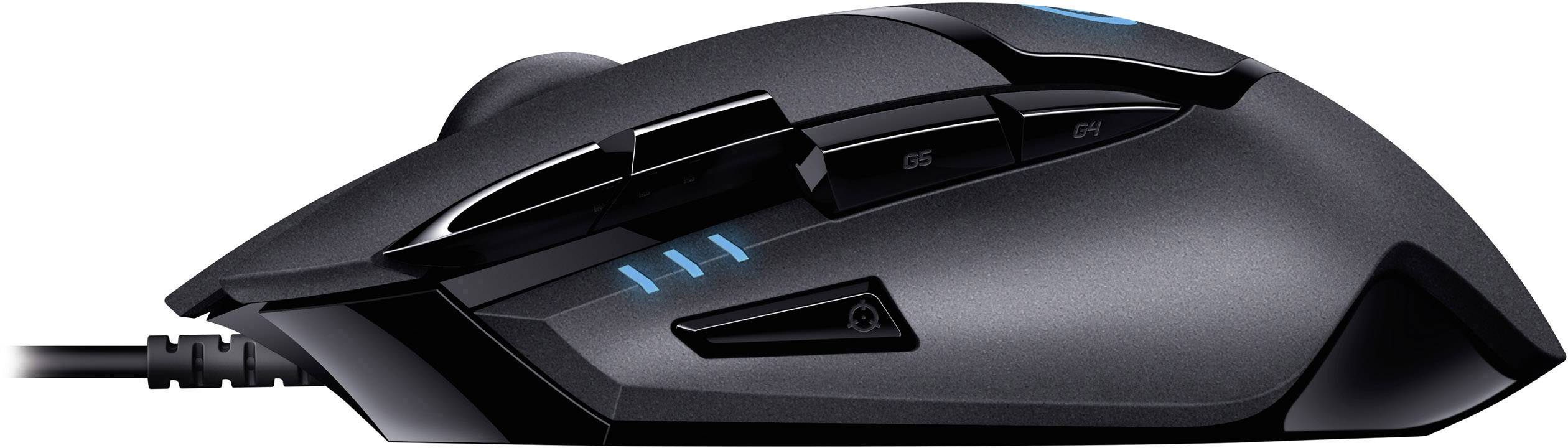 Mouse da gaming nera con più pulsanti, design ergonomico e luci LED blu, vista laterale.