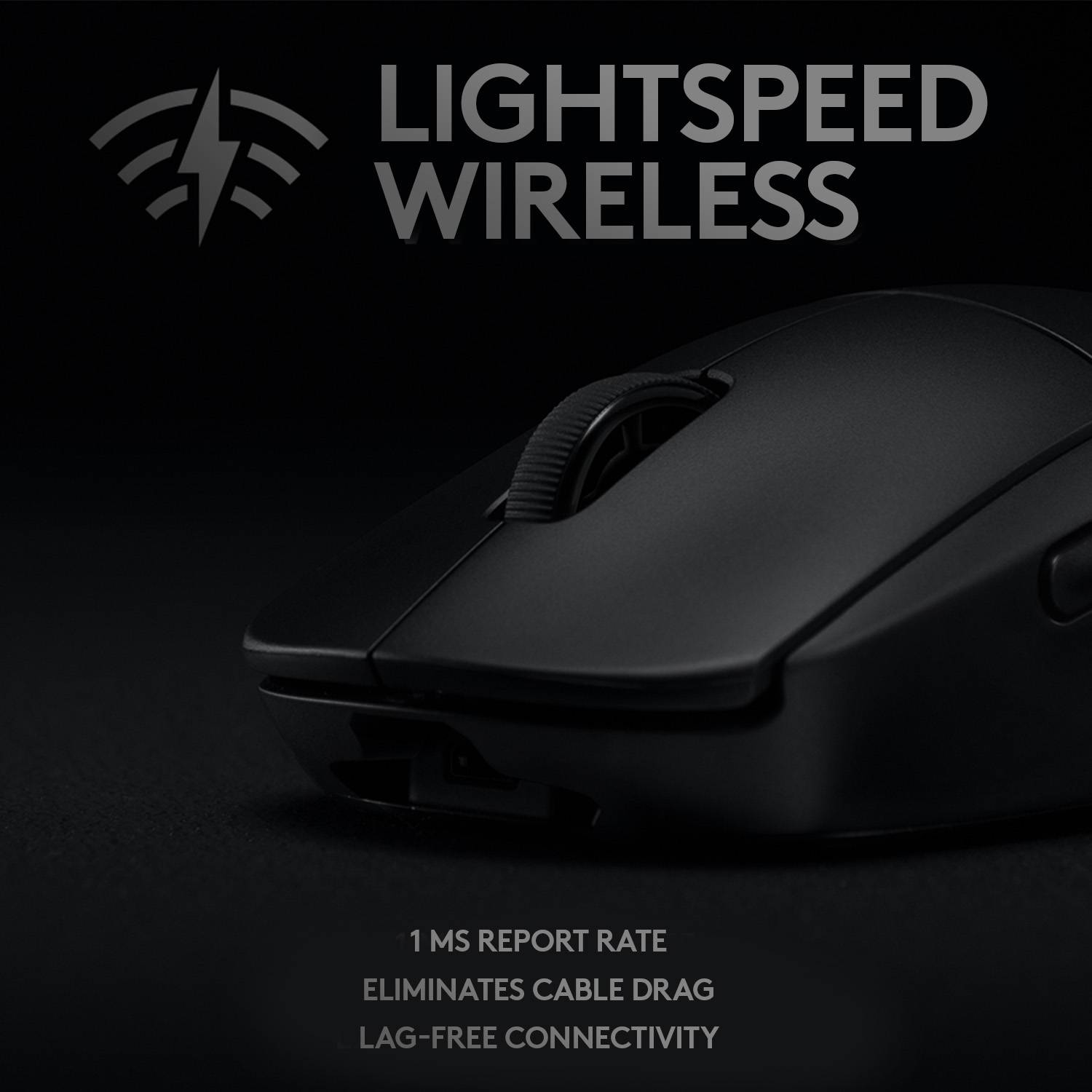 Mouse da gaming nera con la scritta 'Tecnologia Lightspeed Wireless', promuove un'esperienza di gioco veloce e senza fili senza ritardi.