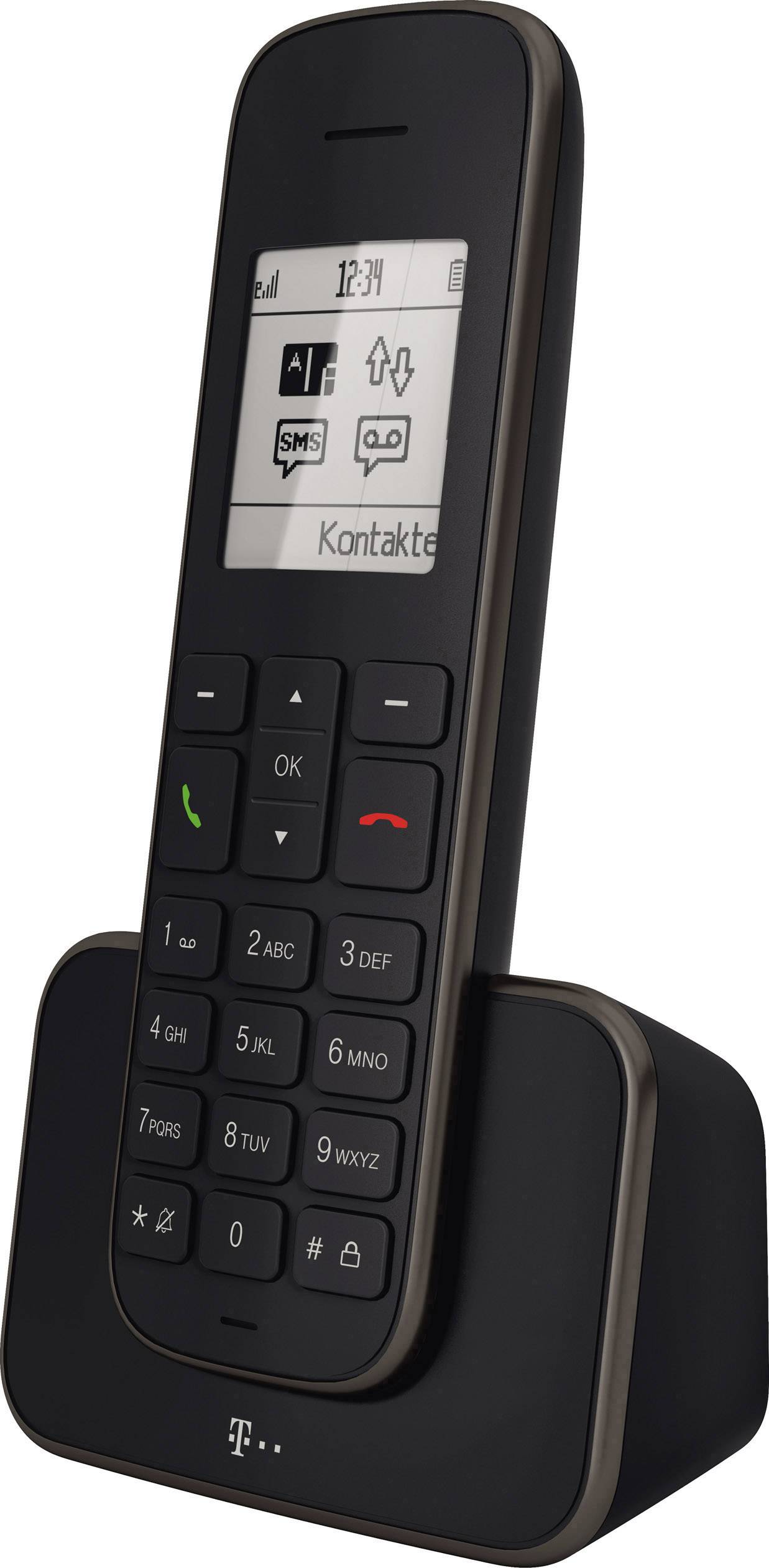 Un telefono cordless nero con tasti è posizionato in una stazione di ricarica. Sul display compare la scritta 'Contatti' sopra un'icona dei messaggi.