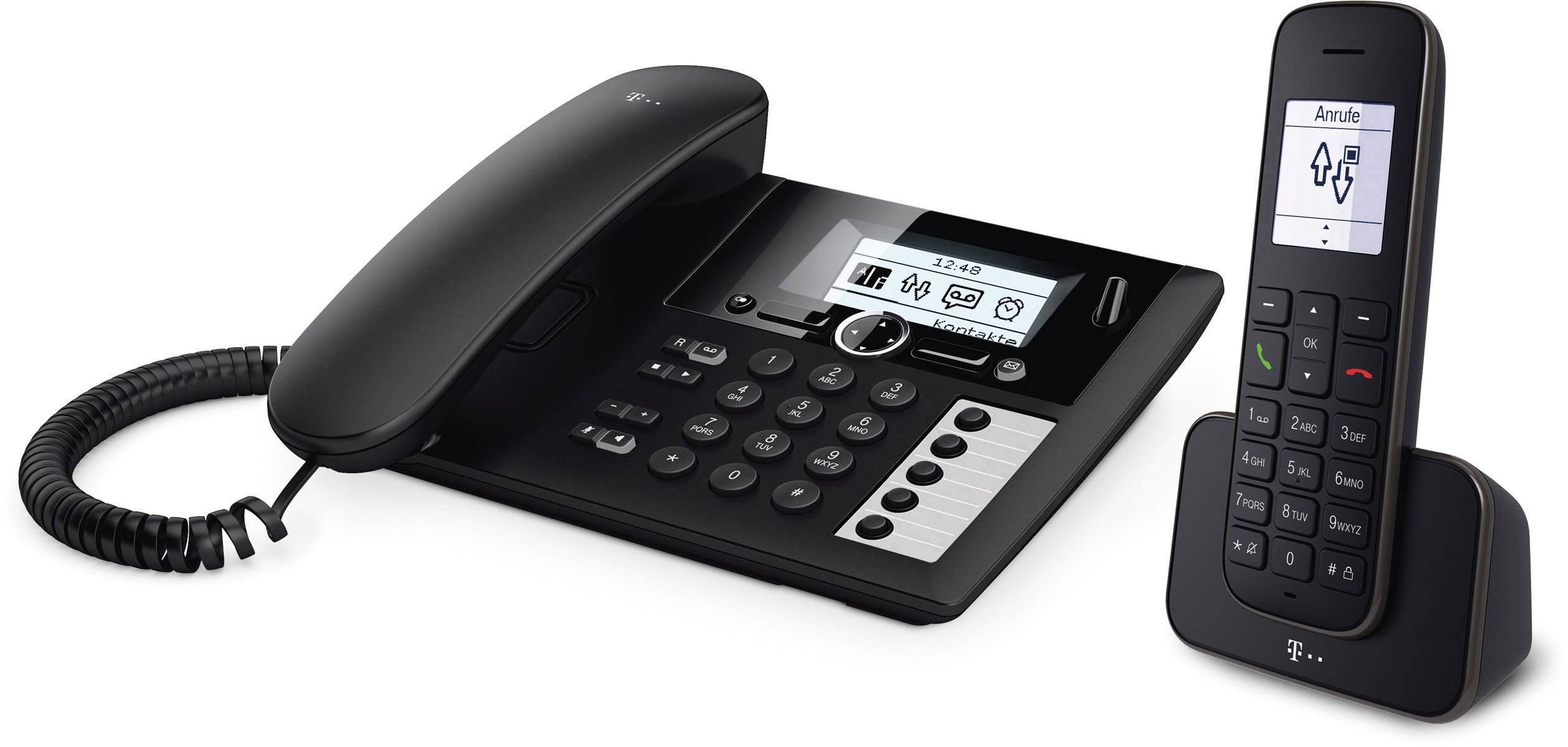 Un telefono fisso nero e argento con cornetta su base di ricarica, dotato di tastiera, display e funzione di identificazione del chiamante.