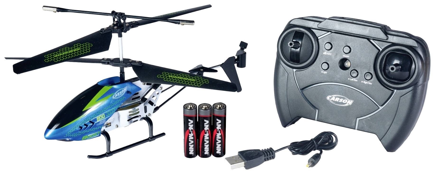 Elicottero telecomandato con accenti verdi e blu, accanto a un telecomando nero, batterie e un cavo di ricarica USB.