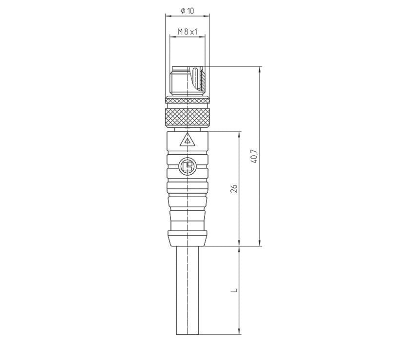 Disegno tecnico di un connettore con le seguenti dimensioni: diametro 10 mm, lunghezza totale 40,7 mm. Contrassegnato per filettatura M8.