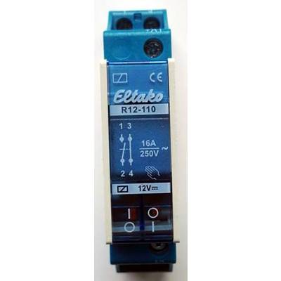 Relè di corrente Eltako R12-110 blu, adatto per 16A, 250V, con simbolo manuale e segno di corrente continua 12V per il controllo dei dispositivi.