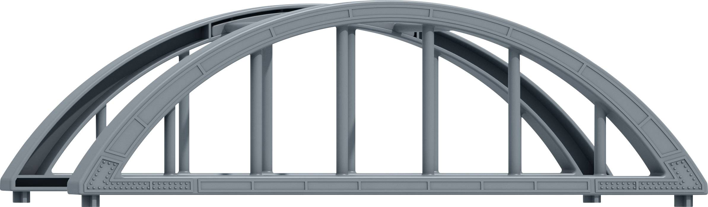 Un arco grigio di plastica con listelli verticali. Potrebbe essere parte di un giocattolo o di un modello.