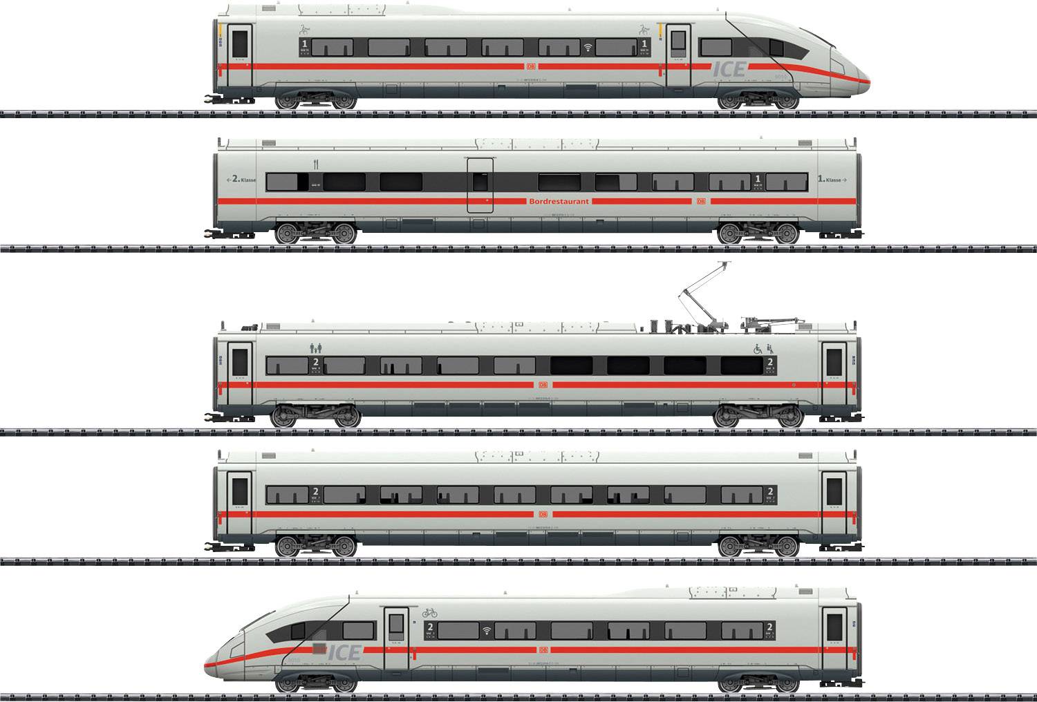 Un moderno treno ICE visto di lato, composto da cinque carrozze con strisce bianche e rosse, mostra diverse prospettive e dettagli tecnici.
