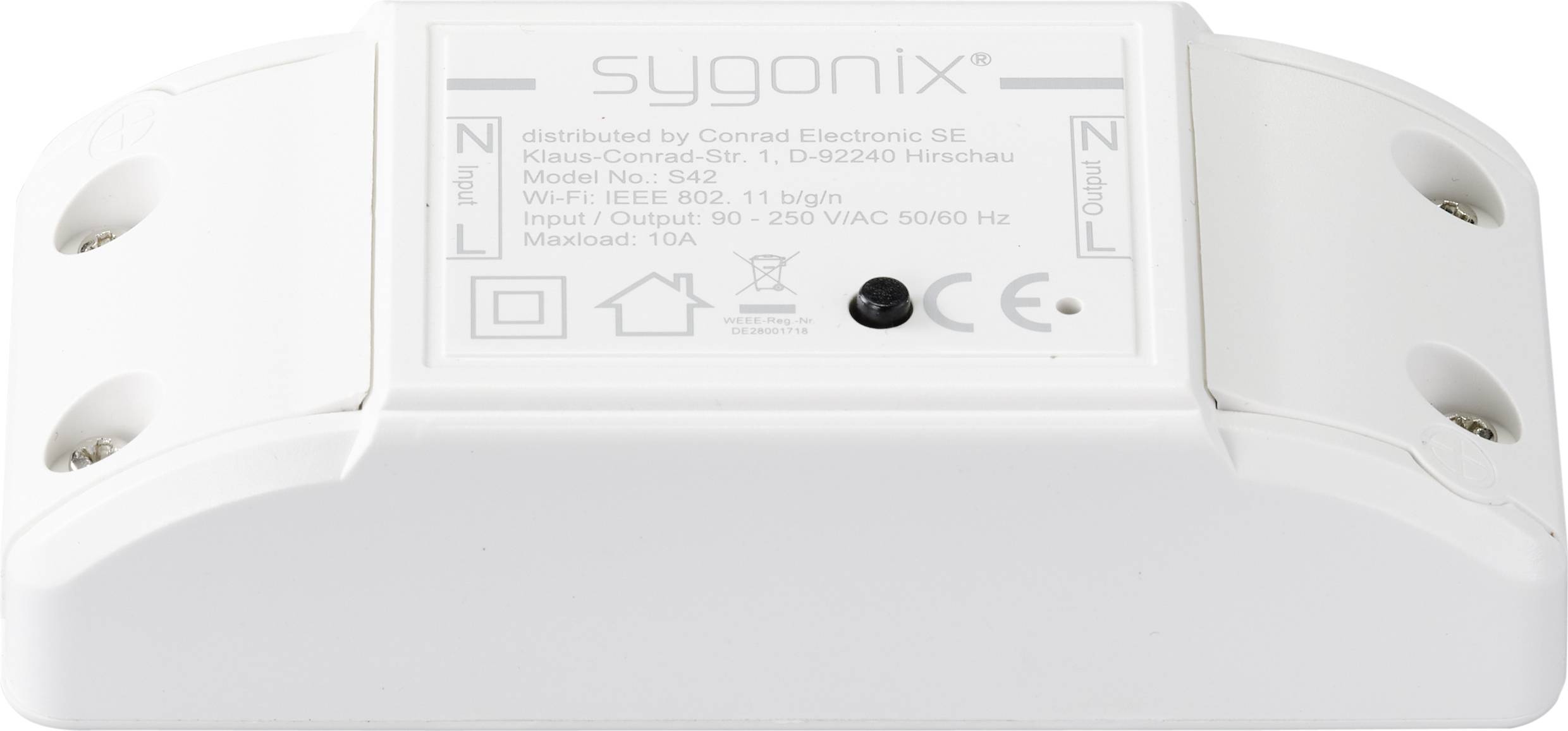 Un interruttore WLAN bianco Sygonix, modello 342, idoneo per 90-250 VAC, 50/60 Hz, massimo 10A. Supporta IEEE 802.11 b/g/n.