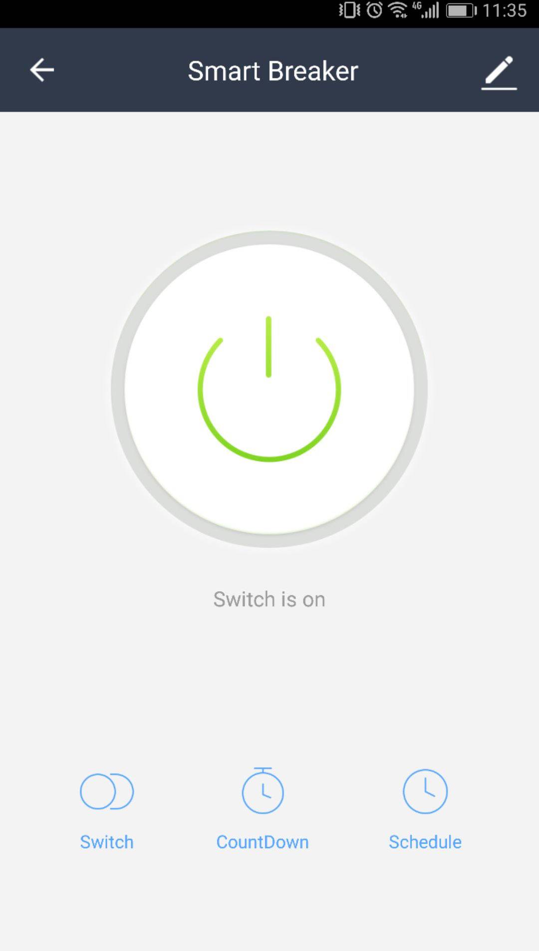 Schermata di un'app per il controllo di un interruttore intelligente. L'interruttore è attualmente acceso. In basso: Opzioni 'Interruttore', 'Conto alla rovescia', 'Programmazione'.