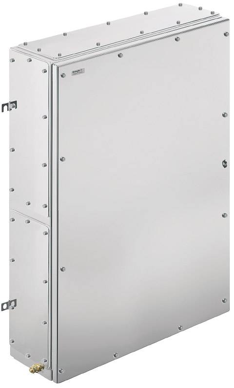 Involucro metallico di forma rettangolare, con numerose viti sui bordi e due supporti laterali per il montaggio a parete.