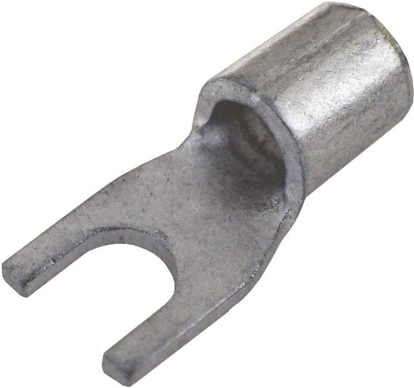 Un capocorda a forcella in argento per fissare un cavo a un morsetto o a una vite, utilizzato in applicazioni elettriche.