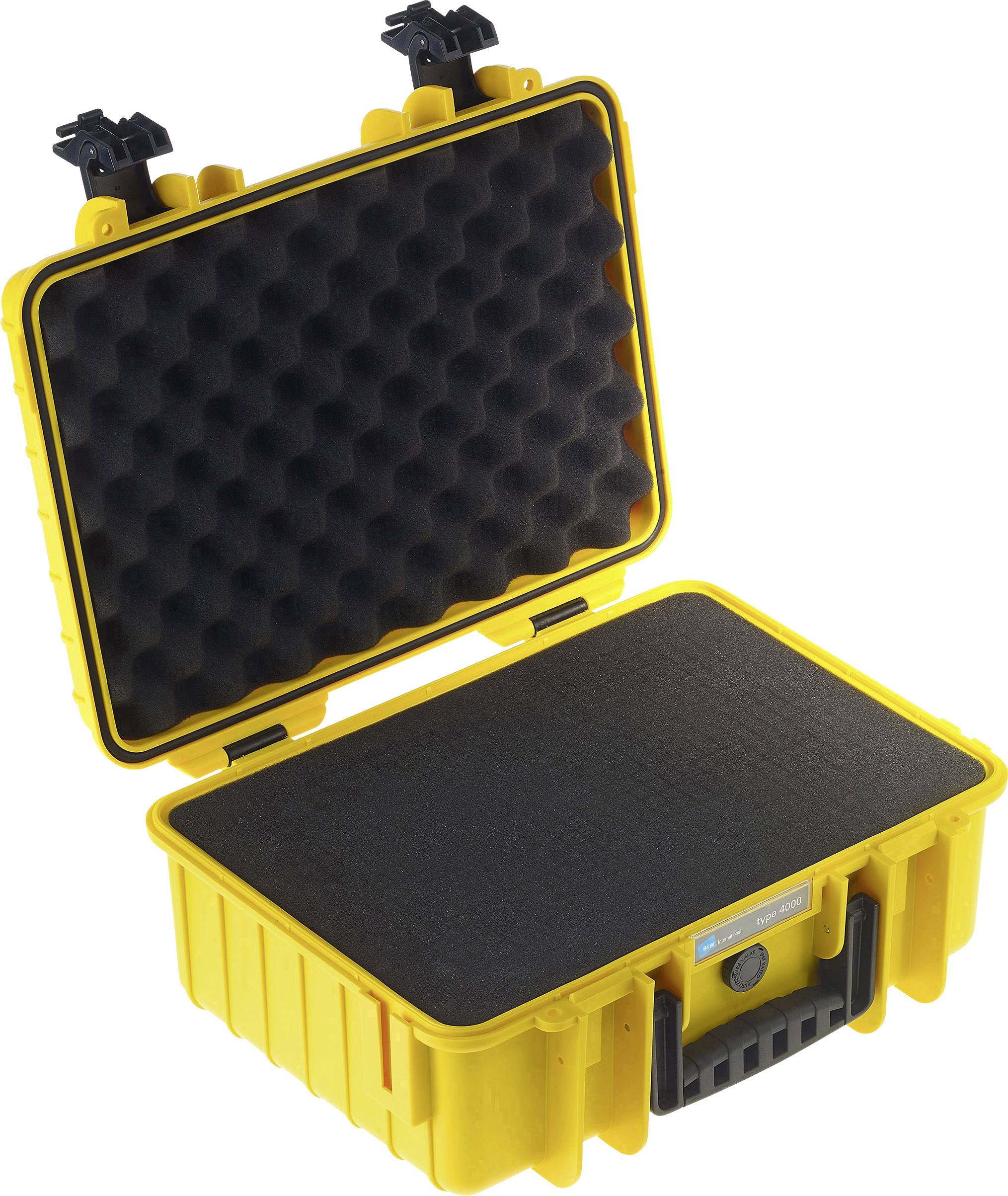 Valigia rigida gialla aperta con imbottitura in schiuma; adatta al trasporto sicuro di dispositivi ed attrezzature delicate.