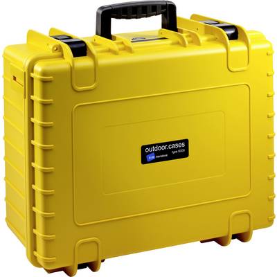 Custodia in plastica gialla robusta con manico nero. Stampa anteriore con 'outdoor.cases'. Ideale per il trasporto sicuro di attrezzature.