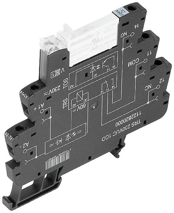Un modulo relè elettronico con etichette per connessioni elettriche e funzioni. Nome del marchio 'Weidmüller' visibile.