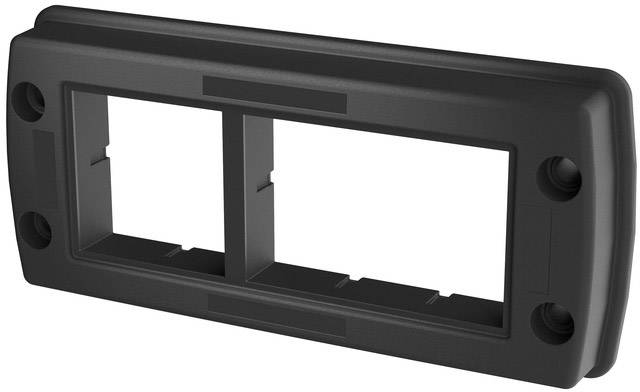 Un telaio nero rettangolare in plastica con due aperture e quattro fori di fissaggio, probabilmente per interruttori o prese elettriche.