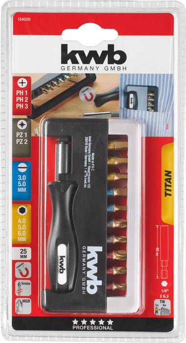 'Bit con supporto magnetico, diverse dimensioni di bit (PH1, PH2, PH3, PZ1, PZ2), adatto per viti di diversi tipi.'