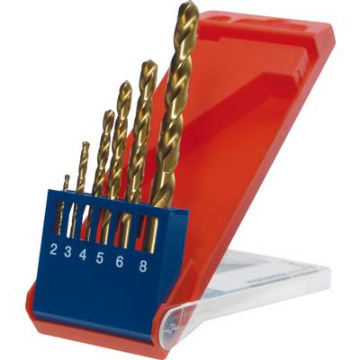 Un set di sei punte da trapano color oro di dimensioni diverse, montate in un supporto rosso e blu, numerate da 2 a 8.