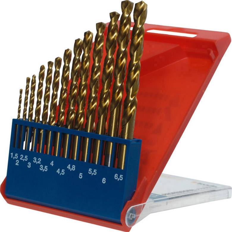 Un set di punte da trapano in metallo di diverse dimensioni da 1,5 a 6,5 mm in un supporto blu con coperchio rosso.