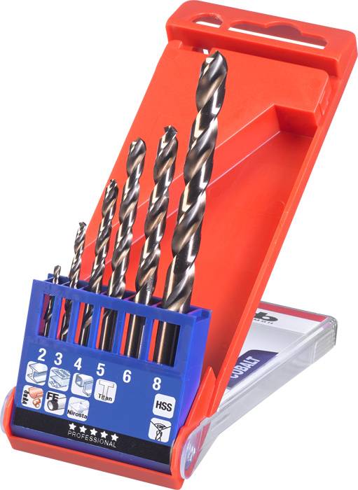 Un set di sei punte metalliche di diverse dimensioni, disposte in un supporto blu con icone che indicano i tipi di superficie.