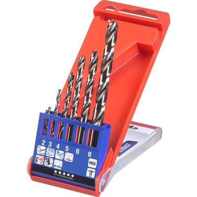 Un set di sei punte metalliche di diverse dimensioni, disposte in un supporto blu con icone che indicano i tipi di superficie.