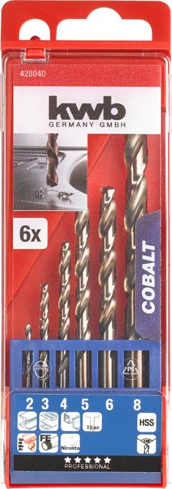 Set di punte da trapano in cobalto per metallo 'Kwb Germany GmbH'. Sei pezzi, misure 2, 3, 4, 5, 6, 8 mm. Confezione che mostra le punte e le relative marcature.