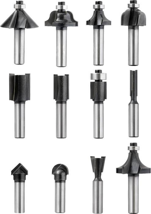 Dodici frese diverse per lavori in legno: varie forme e dimensioni, ideali per tagli e decorazioni precise.