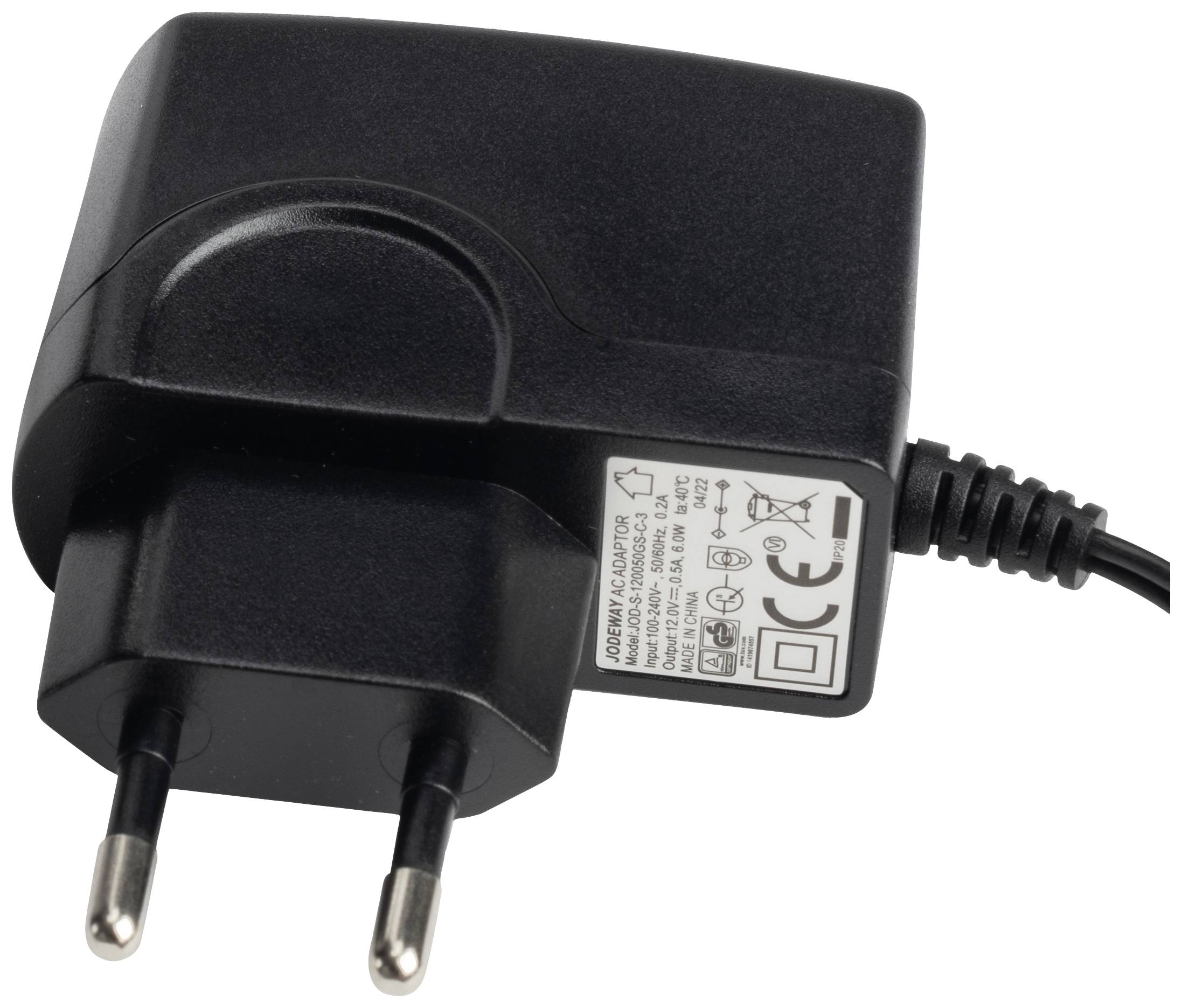 Alimentatore nero con spina EU e cavo, etichetta con specifiche tecniche e certificazioni visibile.