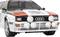 Un Audi Quattro Rallye bianco con fari distintivi e la targa 'IN-NM 62', decorato con loghi di marche.