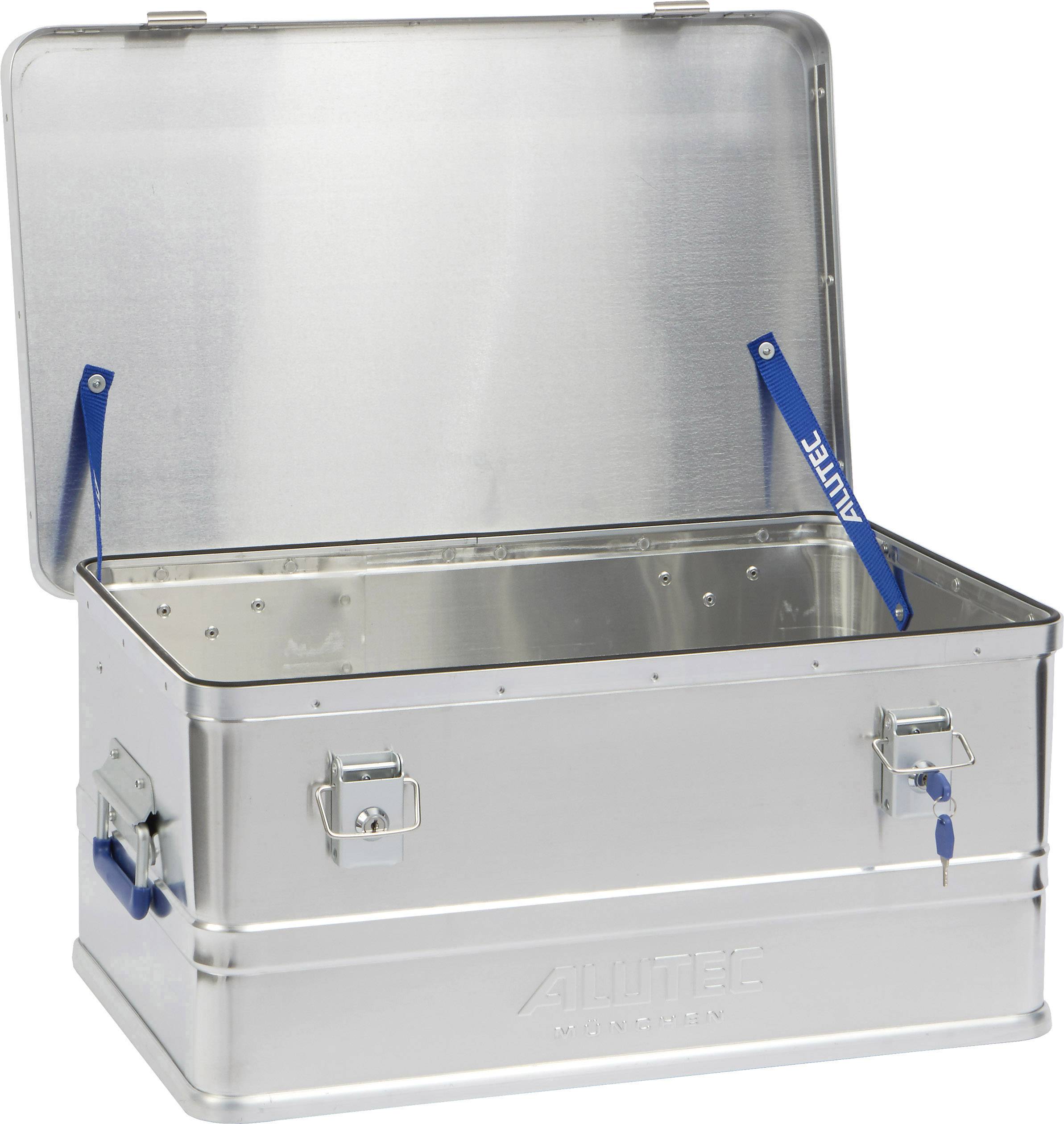Contenitore aperto in alluminio con coperchio incernierato, maniglie laterali e scritta blu 'ALUTEC' all'interno. Ideale per lo stoccaggio.